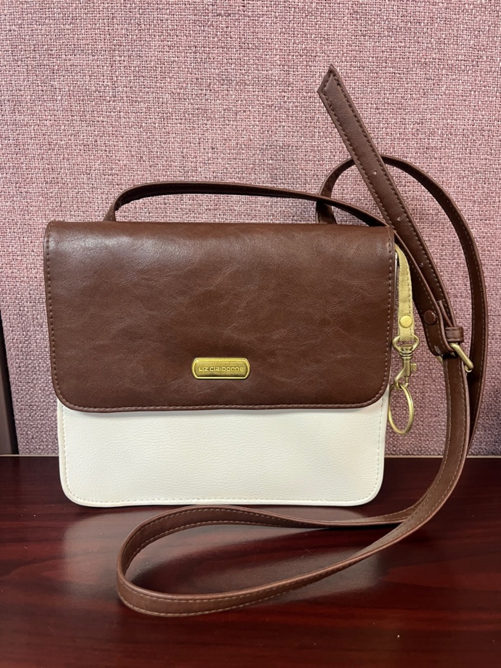 Liz Claiborne Brown and Cream Leather Crossbody Bag